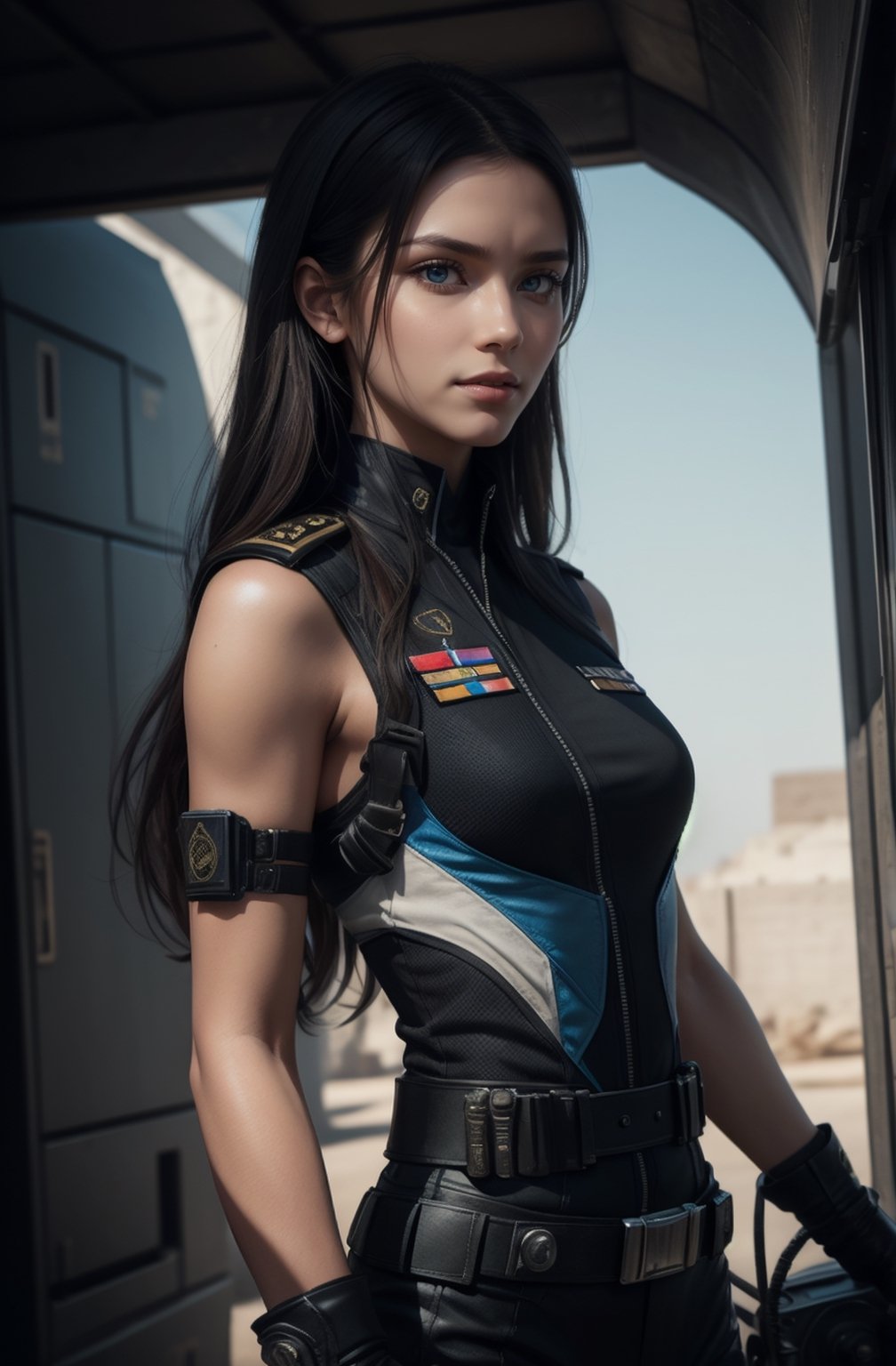 Warrior,Girl brunette Hair,Woman nice face,beautiful face,body beautiful,Beautiful Face,Girl, realistic, human, smile,8k, Expect Raw, A beautiful woman, with long black and shiny hair, Cleopatra style, with blue eyes and enveloping,serious look, soldiers, pilot uniform, bulletproof vest, (soldier uniform), blue, weapon, gatling gun, rank on the side of clothing, horizon, full fire, in the style of illusory wallpaper portraits, colorful realism, modular, intense close-ups, uhd image, mosaic-inspired realism, ultra high detail, ultra-high resolution , sharp detail, hyper realistic,sharp focus, perfect detail anatomy, perfect detail face , perfect detail , eyes , octane rendering , 8k , masterpiece , best quality,serious look