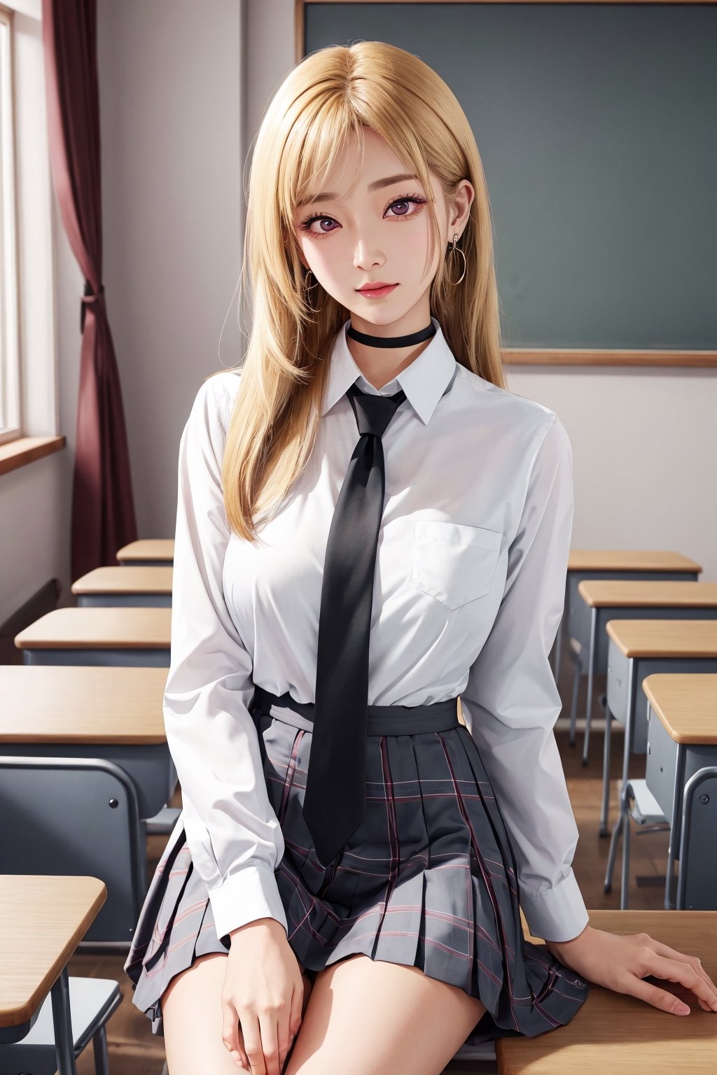 Location: detailed background, BREAK indoors, classroom,

clothing: school_uniform, shirt, black pleated_skirt, black choker, ear piercing, earrings, BREAK black necktie, long sleeves, sleeves rolled up, 

hair & face: bangs, blonde hair with black streaks, pink ruby eyes, long hair, slit pupils, perfect eyes, (beautiful_face:1.5), Beautiful Nose

role lock: 1 girl,Solo, Manga,mature female, Beautiful character design, lustrous skin,

expression: (innocent_big_eyes:1.0),

quality: official art, extremely detailed CG unity 8k wallpaper, perfect lighting, Colorful, Bright_Front_face_Lighting, 
(masterpiece:1.0),(best_quality:1.0), ultra high res,4K,ultra-detailed, 
photography, 8K, HDR, highres, absurdres :1.2 , Kodak portra 400, film grain, blurry background, bokeh:1.2, lens flare, (vibrant_color:1.2) , 

body: (Beautiful,medium_Breasts:1.4), (beautiful_face:1.5),(narrow_waist), Beautiful long legs, Beautiful Finger,

others: whisker markings,

character: MARIN KITAGAWA,takeda hiromitsu style,MARIN KITAGAWA