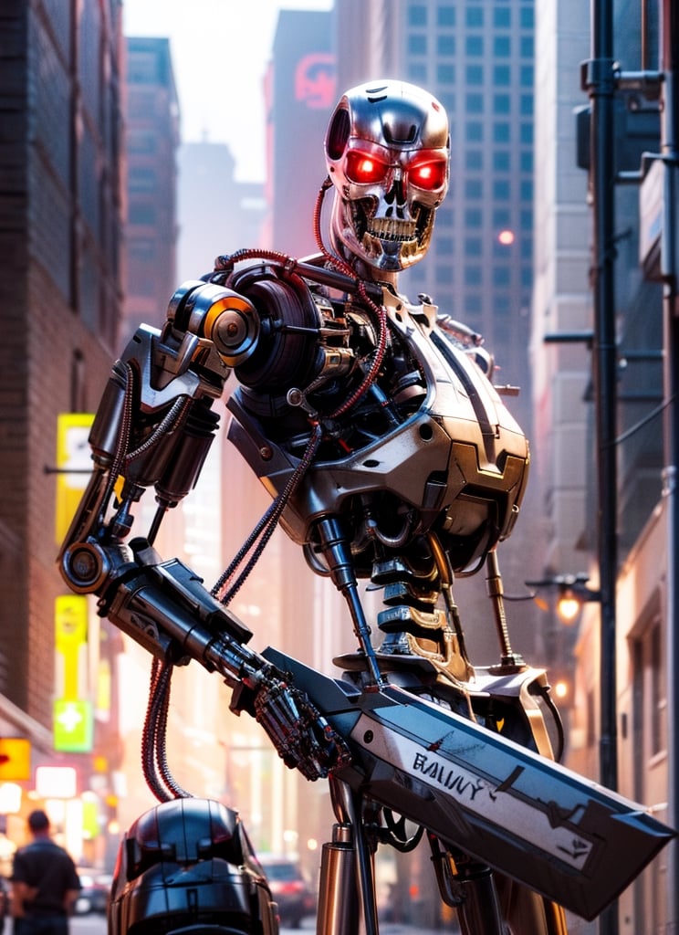 Dark_Fantasy,Cyberpunk,(chain saw,chain saw man,Red:1.1),1man,Mechanical marvel,Robotic presence,Cybernetic guardian, wearing a worn-out mech suit, robot skull head, t800, intricate, (steel metal [rusty]), elegant, clear focus, shot by greg rutkowski, soft lighting, vibrant colors, masterpiece, ((street)), cowboy shot, dynamic pose,T800Endoskeleton