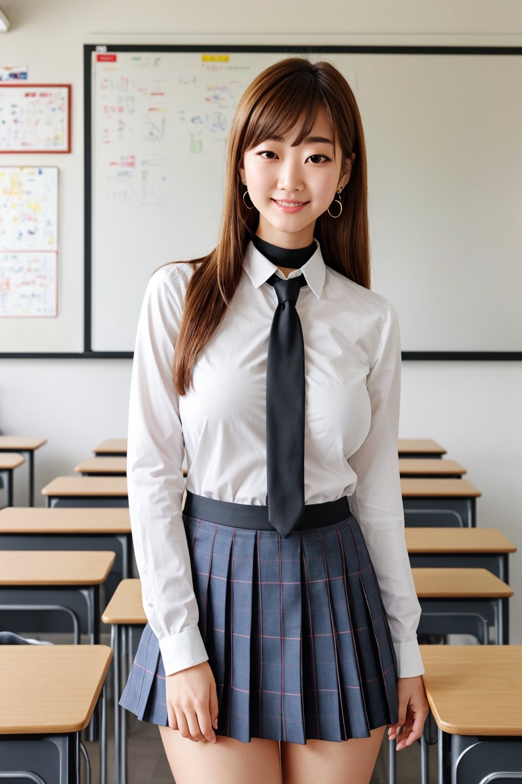 Location: detailed background, BREAK indoors, classroom,

clothing: school_uniform, shirt, black pleated_skirt, black choker, ear piercing, earrings, BREAK black necktie, long sleeves, sleeves rolled up, 

hair & face: bangs, blonde hair with black streaks, pink ruby eyes, long hair, slit pupils, perfect eyes, (beautiful_face:1.5), Beautiful Nose

role lock: 1 girl,Solo, Manga,mature female, Beautiful character design, lustrous skin,

expression: (innocent_big_eyes:1.0),

quality: official art, extremely detailed CG unity 8k wallpaper, perfect lighting, Colorful, Bright_Front_face_Lighting, 
(masterpiece:1.0),(best_quality:1.0), ultra high res,4K,ultra-detailed, 
photography, 8K, HDR, highres, absurdres :1.2 , Kodak portra 400, film grain, blurry background, bokeh:1.2, lens flare, (vibrant_color:1.2) , 

body: (Beautiful,medium_Breasts:1.4), (beautiful_face:1.5),(narrow_waist), Beautiful long legs, Beautiful Finger,

others: whisker markings,

character: MARIN KITAGAWA,takeda hiromitsu style,MARIN KITAGAWA