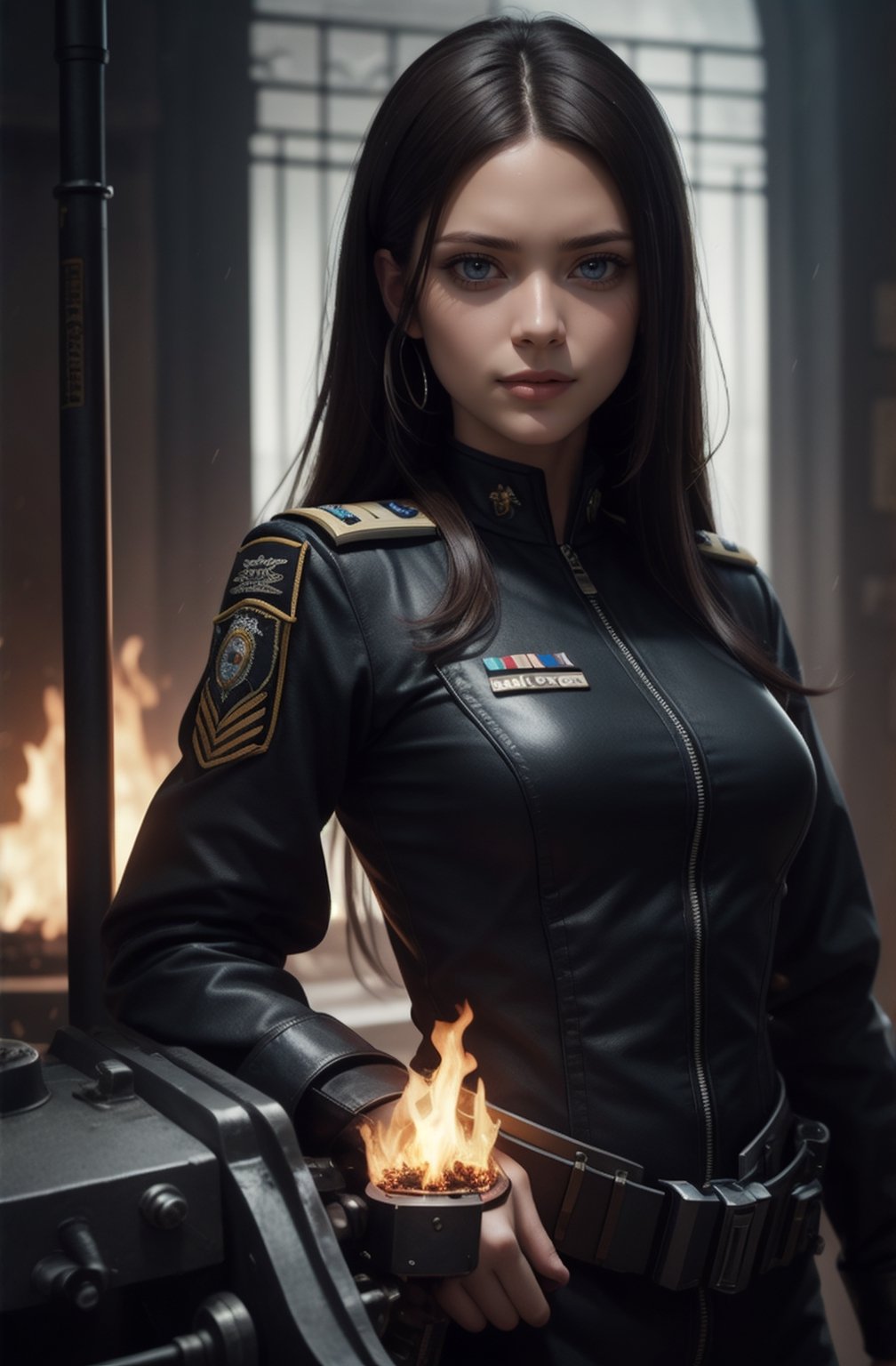 Warrior,Girl brunette Hair,Woman nice face,beautiful face,body beautiful,Beautiful Face,Girl, realistic, human, smile,8k, Expect Raw, A beautiful woman, with long black and shiny hair, Cleopatra style, with blue eyes and enveloping,serious look, soldiers, pilot uniform, bulletproof vest, (soldier uniform), blue, weapon, gatling gun, rank on the side of clothing, horizon, full fire, in the style of illusory wallpaper portraits, colorful realism, modular, intense close-ups, uhd image, mosaic-inspired realism, ultra high detail, ultra-high resolution , sharp detail, hyper realistic,sharp focus, perfect detail anatomy, perfect detail face , perfect detail , eyes , octane rendering , 8k , masterpiece , best quality,serious look