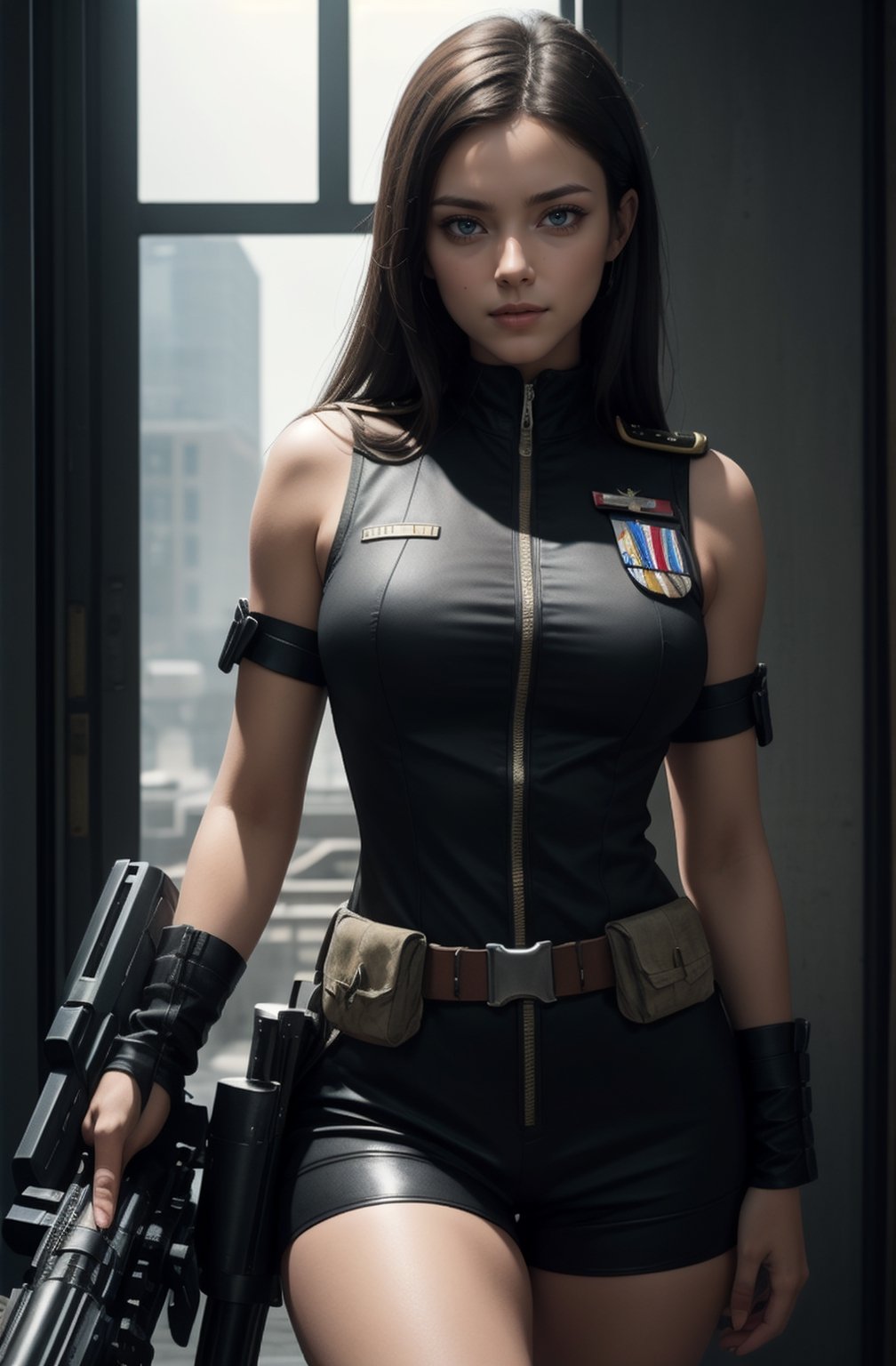 Warrior,Girl brunette Hair,Woman nice face,beautiful face,body beautiful,Beautiful Face,Girl, realistic, human, smile,8k, Expect Raw, A beautiful woman, with long black and shiny hair, Cleopatra style, with blue eyes and enveloping,serious look, soldiers, pilot uniform, bulletproof vest, (soldier uniform), blue, weapon, gatling gun, rank on the side of clothing, horizon, full fire, in the style of illusory wallpaper portraits, colorful realism, modular, intense close-ups, uhd image, mosaic-inspired realism, ultra high detail, ultra-high resolution , sharp detail, hyper realistic,sharp focus, perfect detail anatomy, perfect detail face , perfect detail , eyes , octane rendering , 8k , masterpiece , best quality,serious look