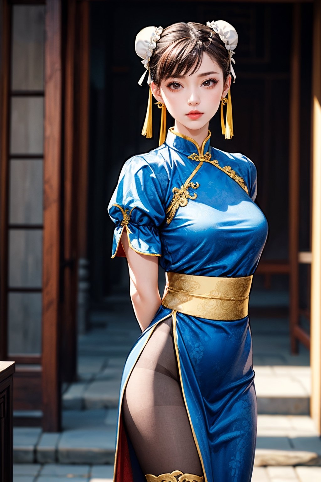 (ultra realistic,32k, masterpiece:1.2),(high detailed skin:1.1),( high quality:1.1),
lora:chun li v2-lora-nochekaiser:0.8, chun li, brown eyes, brown hair, (bun cover:1.5), double bun, eyeliner, hair bun, lipstick, makeup, pink lips,blue dress, bracelet, brown pantyhose, china dress, chinese clothes, dress, gold trim, jewelry, pantyhose, pelvic curtain, puffy sleeves, sash, short sleeves, side slit, spiked bracelet, spikes,,(looking at viewer, standing,:1.1),, small breast, small breast,lora:add_detail:0.99,
(volumetric lighting:1.1),  shaolin temple,monastery ,  china themed, blurry background,
