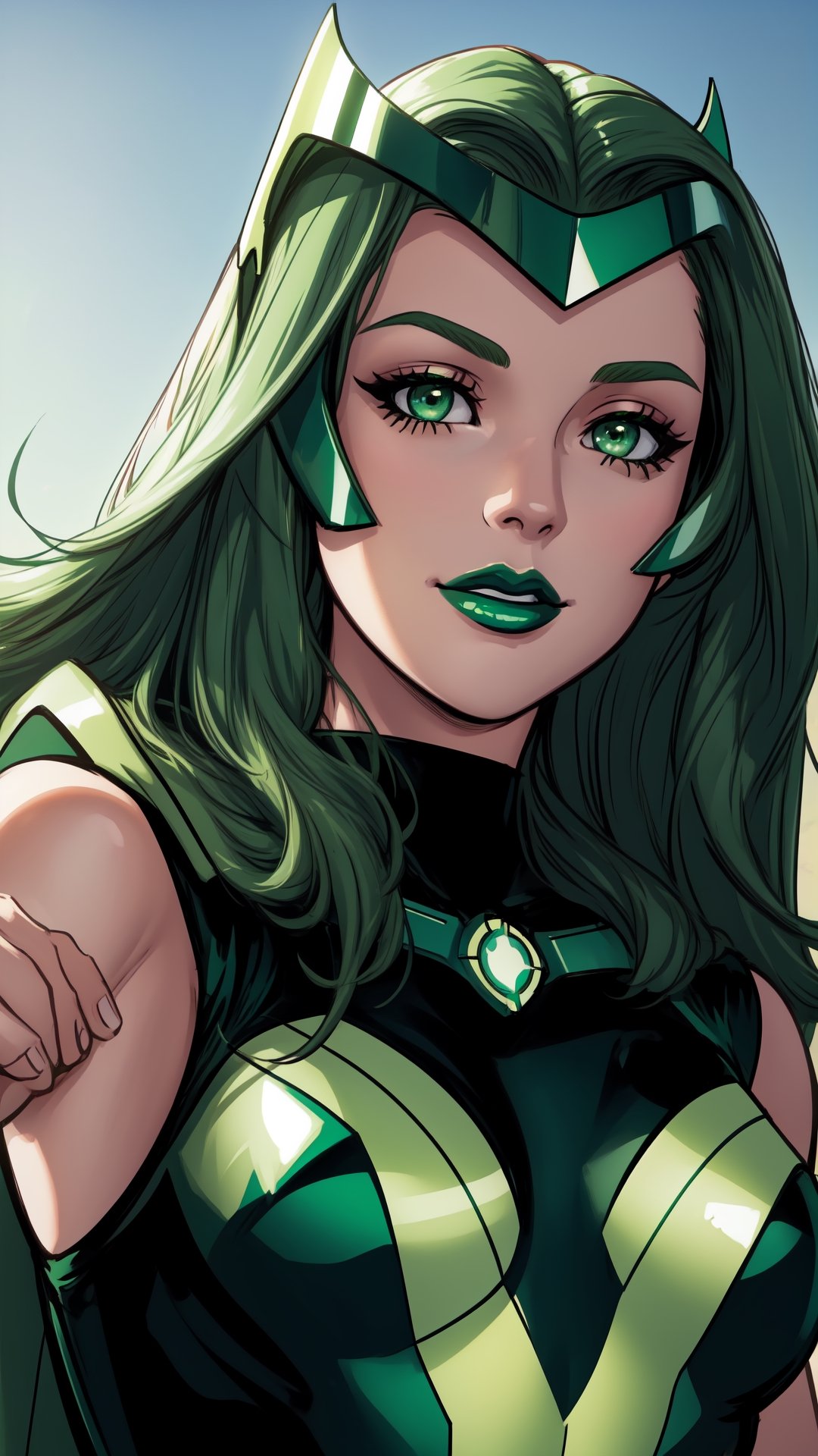 beautiful, (masterpiece:1.2), (best quality:1.2), perfect lighting, 1girl, pov, close up, head shot, face focus, Polaris, cute pose, helmet, bodysuit, cape, smile, green lipstick, green eyes, lora:polaris-10:0.8, foreshortening, depth, simple gradient background
