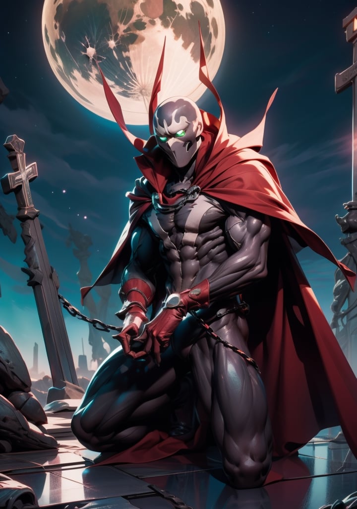 absurdres, highres, (official art, beautiful and aesthetic:1.2), 1 spawn, red cape, green eyes, kneeling, chains, church and cross landscape, night time, moon, upper body, lora:spawn-000020:1, spawn