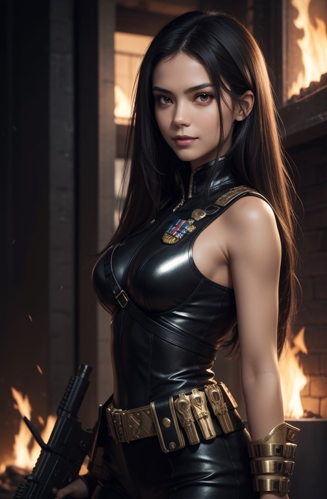 Warrior,Girl brunette Hair,Woman nice face,beautiful face,body beautiful,Beautiful Face,Girl, realistic, human, smile,8k, Expect Raw, A beautiful woman, with long black and shiny hair, Cleopatra style, with brown eyes and enveloping,serious look, soldiers, bulletproof vest, (soldier uniform), blue, weapon, gatling gun, rank on the side of clothing, horizon, full fire, in the style of illusory wallpaper portraits, colorful realism, modular, intense close-ups, uhd image, mosaic-inspired realism, ultra high detail, ultra-high resolution , sharp detail, hyper realistic,sharp focus, perfect detail anatomy, perfect detail face , perfect detail , eyes , octane rendering , 8k , masterpiece , best quality,serious look