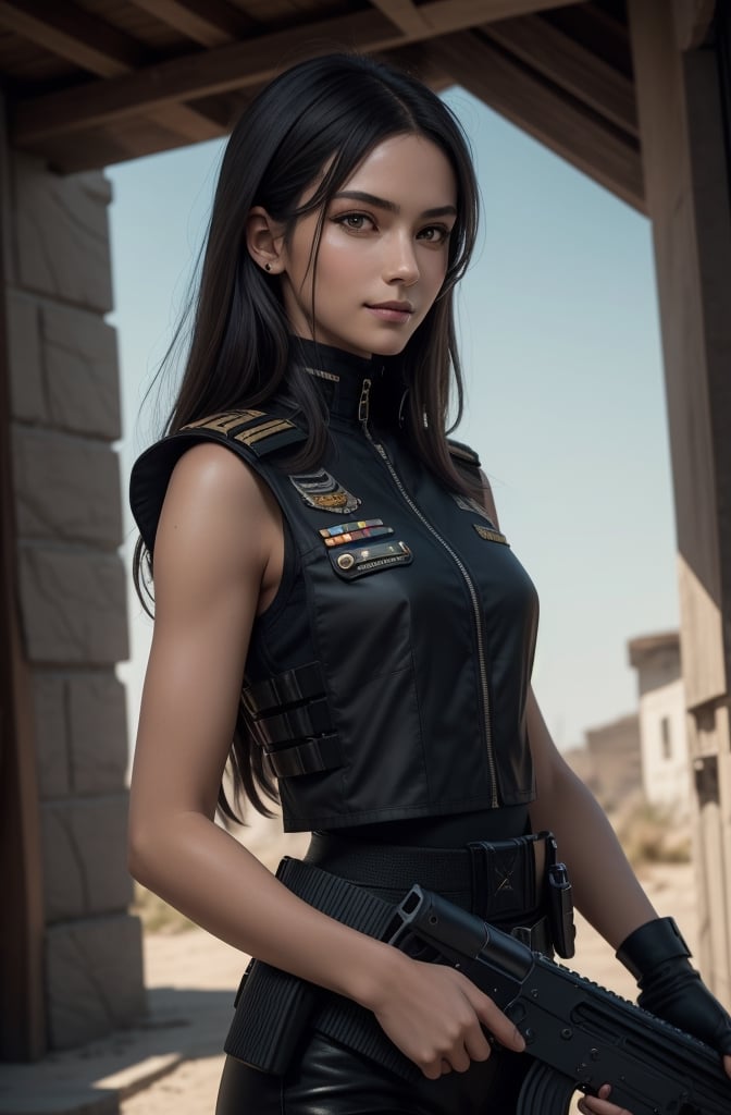 Warrior,Girl brunette Hair,Woman nice face,beautiful face,body beautiful,Beautiful Face,Girl, realistic, human, smile,8k, Expect Raw, A beautiful woman, with long black and shiny hair, Cleopatra style, with brown eyes and enveloping,serious look, soldiers, bulletproof vest, (soldier uniform), blue, weapon, gatling gun, rank on the side of clothing, horizon, full fire, in the style of illusory wallpaper portraits, colorful realism, modular, intense close-ups, uhd image, mosaic-inspired realism, ultra high detail, ultra-high resolution , sharp detail, hyper realistic,sharp focus, perfect detail anatomy, perfect detail face , perfect detail , eyes , octane rendering , 8k , masterpiece , best quality,serious look