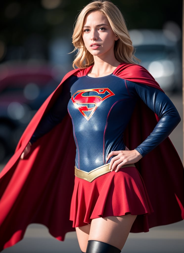 supergirl, costume, hero, skirt, cape red, hair blonde (RAW Photo, cg unity, photography, ultra realistic details, sharp focus, detailed skin,4k, high-res, masterpiece, best quality:1.1), (realistic, photo-realistic:1.37) (8k,4k, UHD, high resolution, professional, cinematic, movie, dramatic, noise), (detailed background:1.25), bokeh anamorphic depth of field blur background
