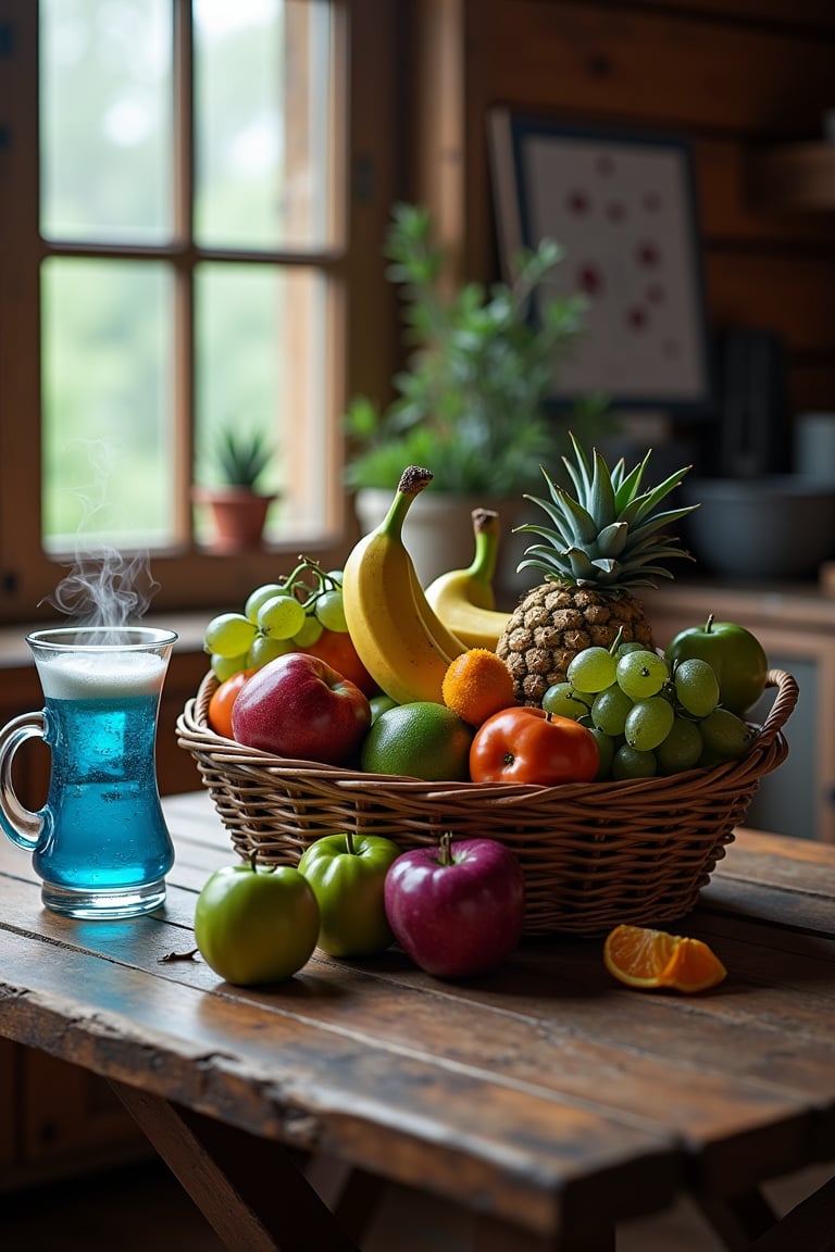 Create a detailed UHD image featuring a rustic wooden table inside a cozy cabin. on the table is a basket overflowing with...
