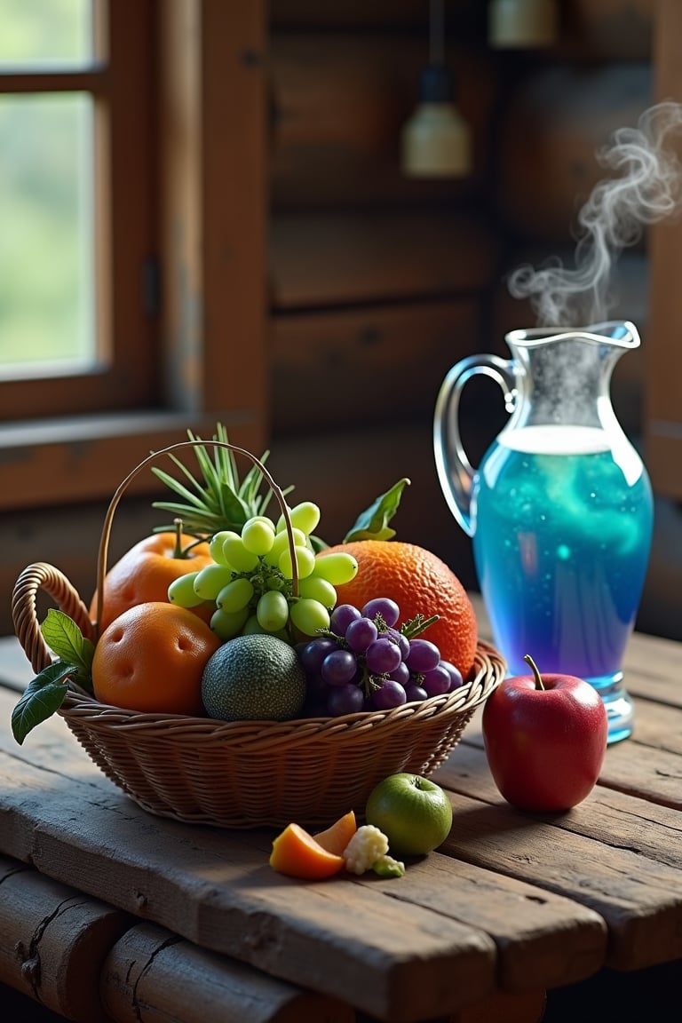 Create a detailed UHD image featuring a rustic wooden table inside a cozy cabin. on the table is a basket overflowing with...