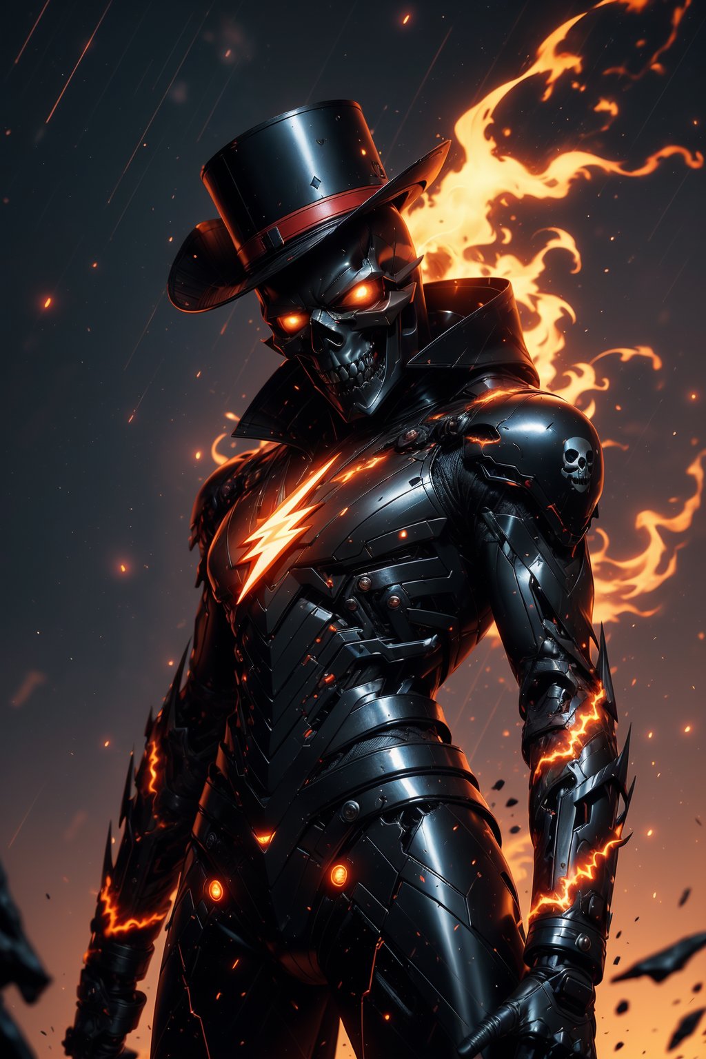 one man, ((evil skull head with sharp teeth)), fire-around, rocks, ruins, red-eyes, eyes-glowing, top hat, rain-fire, fire around her, epic anime art, thin waist, beautiful figure, belts, holster, crop top, (best quality, ultra quality), detailed face, detailed eyes, cute eyes, perfect lighting, HD, 8k, glossy skin, masterpiece, digital art, intricate details, highly detailed, volumetric lighting, background detiled, ue5, unreal engine 5, artstation, trending on artstation, post processing, line art, tiny details, colorful detailed illustration, outer_space 1960s, cinematic, multiple light sources, ((full_body)), sunset,r1ge,Mecha warrior,speedster,the flash,