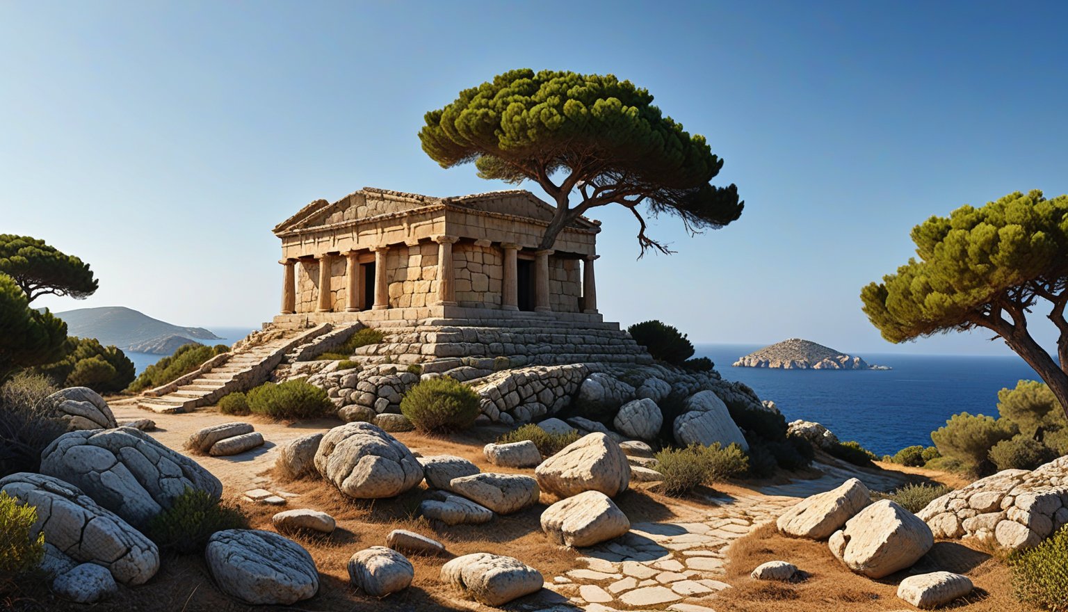 Landscape, Photography Realistic, Illustration Art, UHD 4k, A high quality image of the tomb of Achilles on the island of Skyros. The tomb is represented as a pile of rocks, surrounded by a Mediterranean landscape with a clear sky. The clear blue sea stretches on the horizon, and the typical vegetation of the region, such as olive trees and cypresses, is found around the mound. Sunlight gently illuminates the scene, creating a serene and majestic atmosphere.