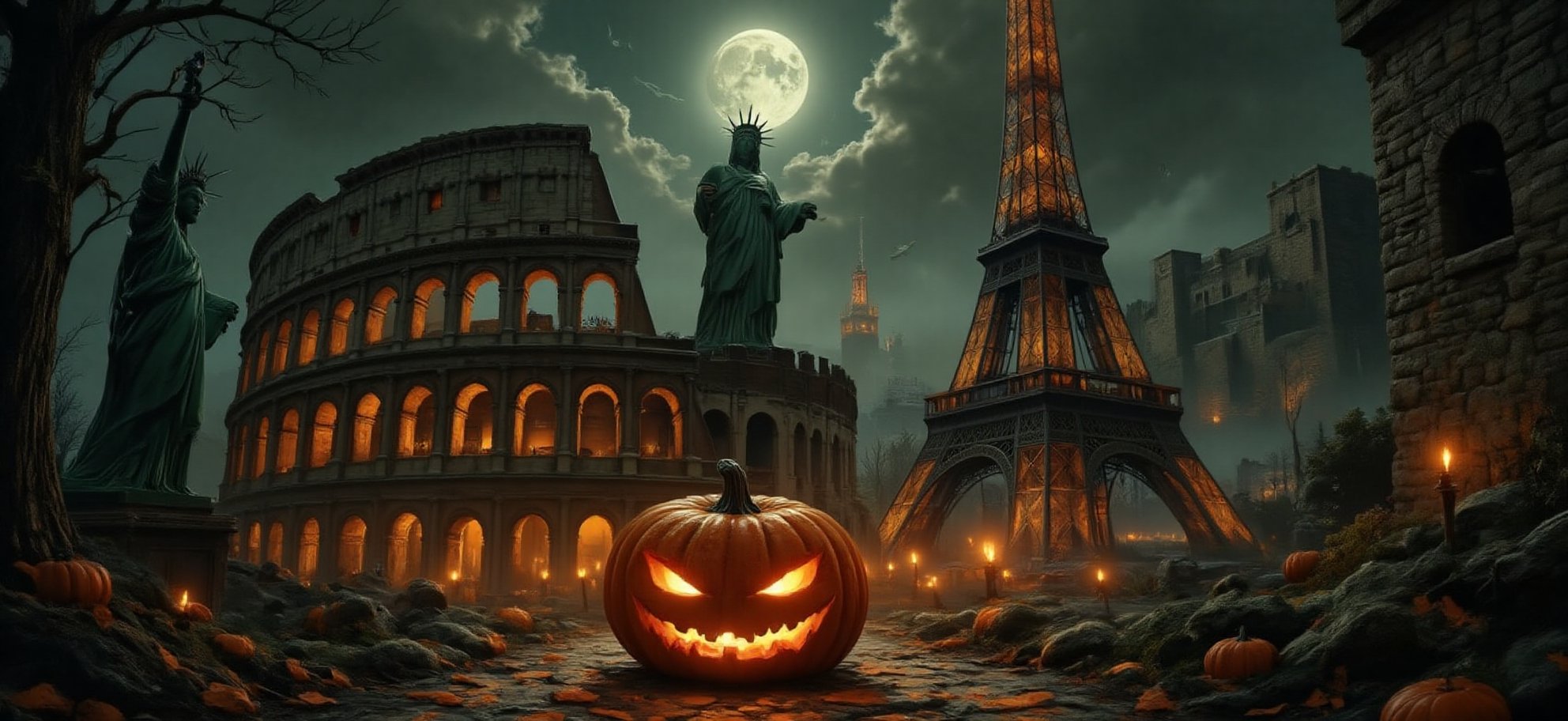 A1111, 4K CLOSEUP PHOTOREALISTIC, REALISTIC DIGITAL ART, EXTREMELY REALISTIC DETAILS, The Statue of Liberty, the Roman Coliseum, the Eiffel Tower, the Great Wall of China, all united by Halloween and a pumpkin in the center, in an atmosphere of mystery and festivity.