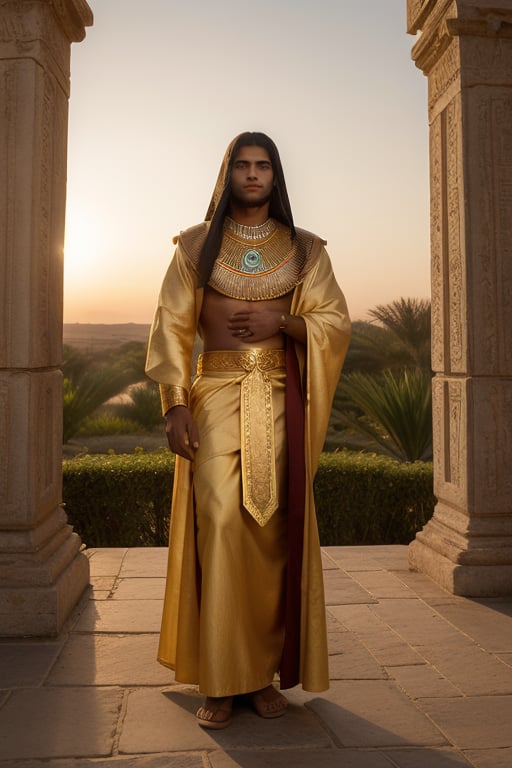 A young man, beautiful, slender and fair-skinned, radiant with an unearthly glow, is protected by the majestic wings of Isis, the ancient Egyptian goddess of protection and magic. The serene setting sun casts a warm golden light over the scene, illuminating the soft curves of his face and the delicate folds of his traditional dress. Framed by lush greenery of papyrus reeds, the divine duo is bathed in an ethereal aura, as if transported from the mystical realm of the ancient mysteries of the Nile.  full body photo