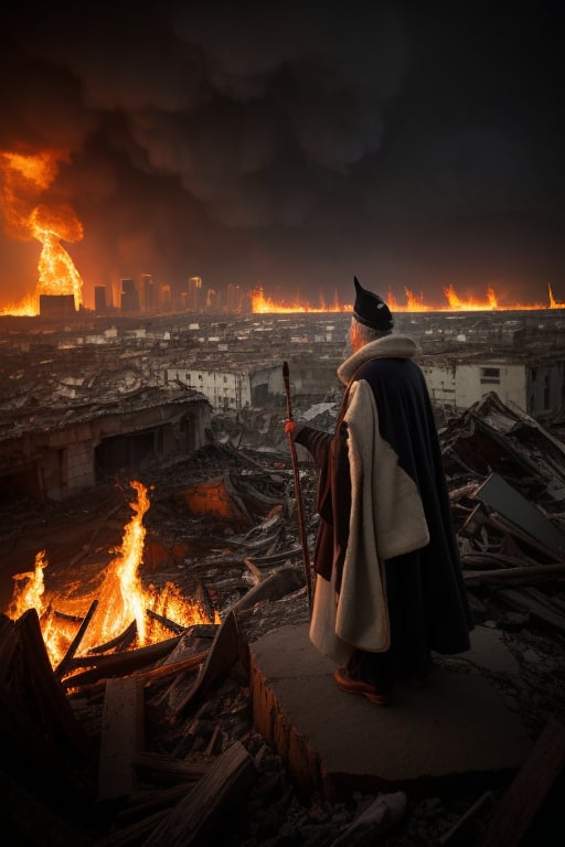 Against a backdrop of apocalyptic devastation, a wizard stands, his emerald robes and cape billowing behind him as flames engulf the distant cityscape. Smoke and ash swirl around him like an aura of fire. The wizard's long robes are intricately detailed with ornate brocade, and his staff crackles with dark energy as he surveys the ruins in the sunlight.