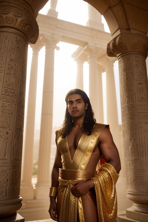 A young man, beautiful, slender and fair-skinned, radiant with an unearthly glow, is protected by the majestic wings of Isis, the ancient Egyptian goddess of protection and magic. The serene setting sun casts a warm golden light over the scene, illuminating the soft curves of his face and the delicate folds of his traditional dress. Framed by lush greenery of papyrus reeds, the divine duo is bathed in an ethereal aura, as if transported from the mystical realm of the ancient mysteries of the Nile.  full body photo