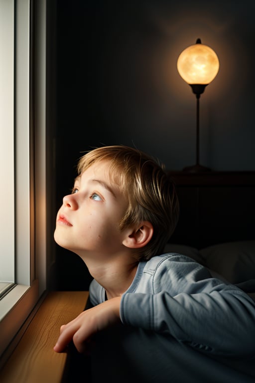 A young boy with light complexion and short, straight hair gazes upward in hopeful contemplation as he leans against the windowsill of his cozy bedroom. The soft glow of a bedside lamp illuminates his gentle expression, while the warm light of the full moon casts an ethereal sheen on his face. His eyes are fixed intently on the lunar surface, lost in thought and wonder.