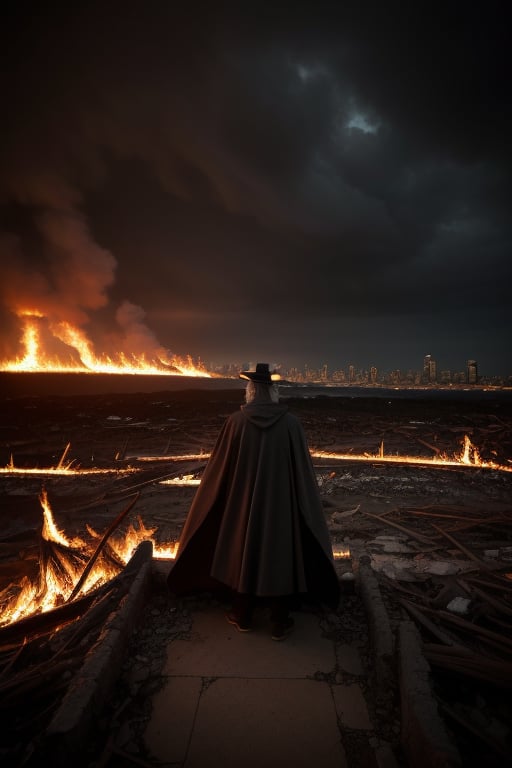 Against a backdrop of apocalyptic devastation, a wizard stands, his emerald robes and cape billowing behind him as flames engulf the distant cityscape. Smoke and ash swirl around him like an aura of fire. The wizard's long robes are intricately detailed with ornate brocade, and his staff crackles with dark energy as he surveys the ruins in the sunlight.