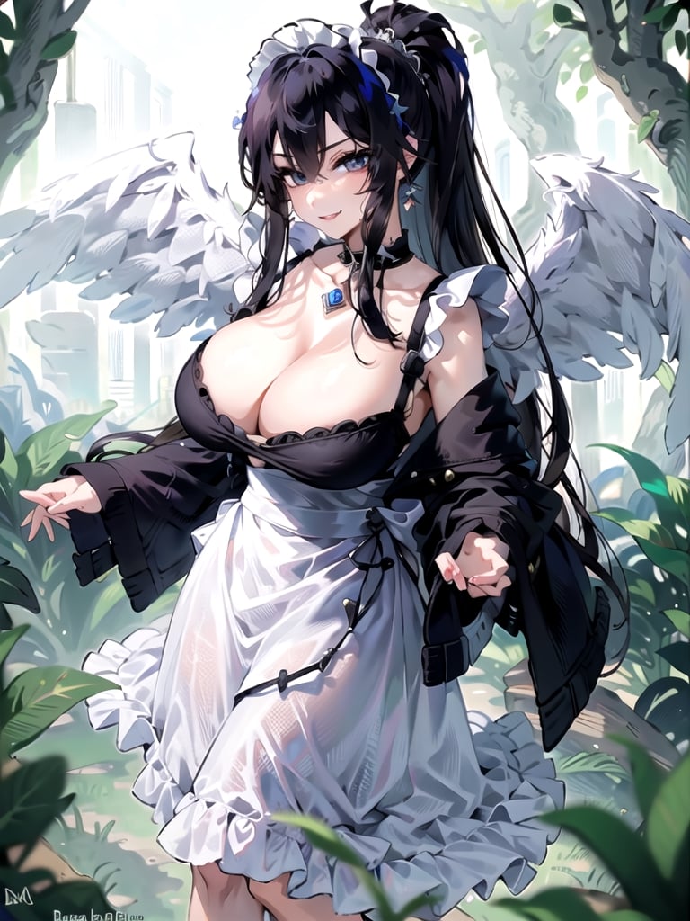 (narberal gamma), (masterpiece:1.3), (maid dress),(long skirt), 1girl, solo, eye focus, (1girl), (solo), cowboy_shot, beautiful detailed eyes, symmetric eyes, narrow eyes, (black eyes), expressive eyes, pretty eyelashes, glossy eyes, (black hair), (high ponytail), 1girl, evil smile , looking_at_viewer, (large breasts), cleavage, (park), scenery, trees night,maid,maid_dress,angel_wings; 1.4