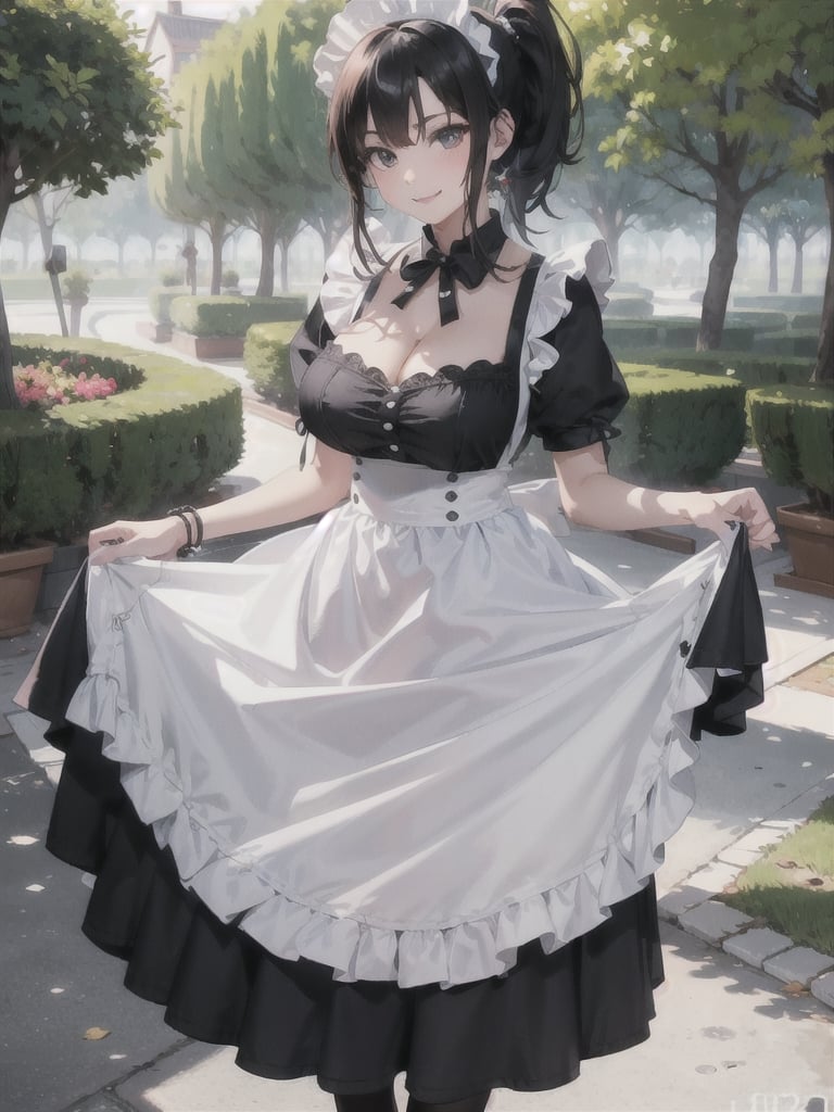 (narberal gamma), (masterpiece:1.3), (maid dress),(long skirt), 1girl, solo, eye focus, (1girl), (solo), cowboy_shot, beautiful detailed eyes, symmetric eyes, narrow eyes, (black eyes), expressive eyes, pretty eyelashes, glossy eyes, (black hair), (high ponytail), 1girl, evil smile , looking_at_viewer, (large breasts), cleavage, (park), scenery, trees, night,maid