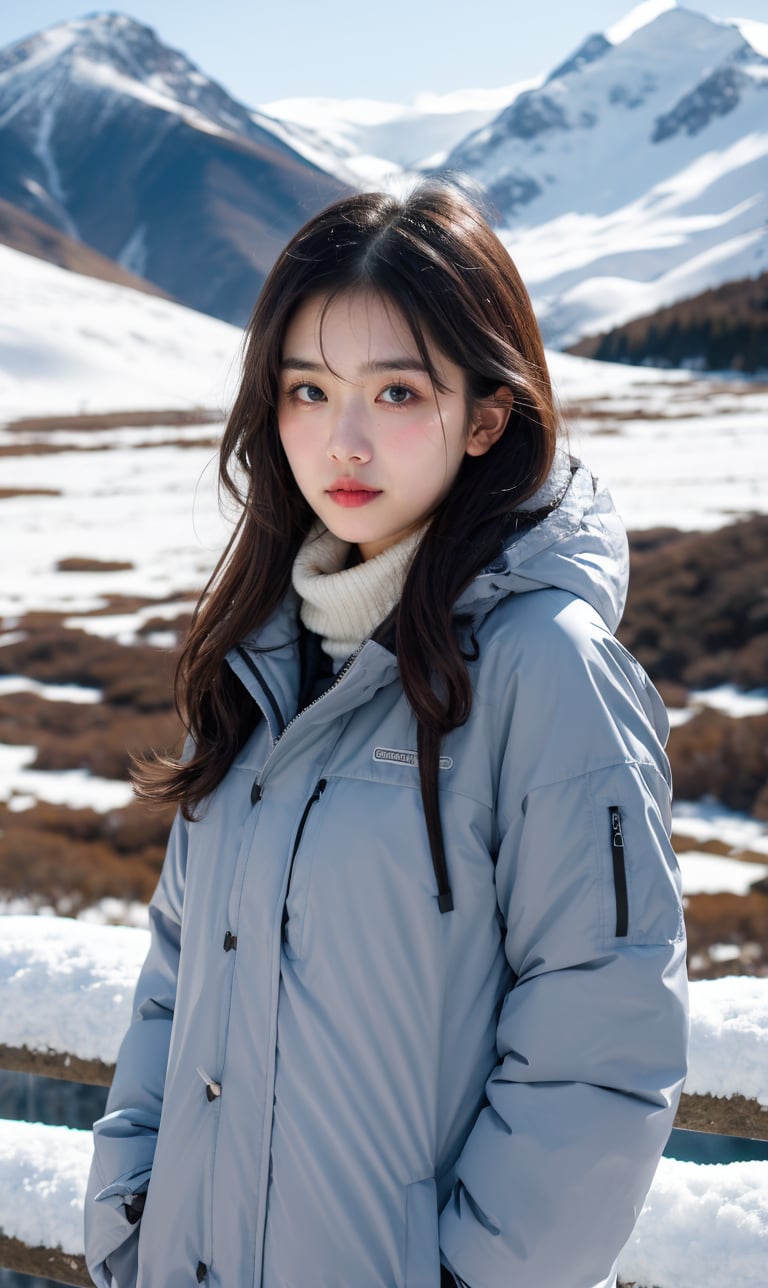 cute girl, winter jacket fashion, RAW photo, realistic, masterpiece, best quality, beautiful skin,
snowy mountains background, 50mm, medium full shot, ,goyoonjung, outdoor, photography