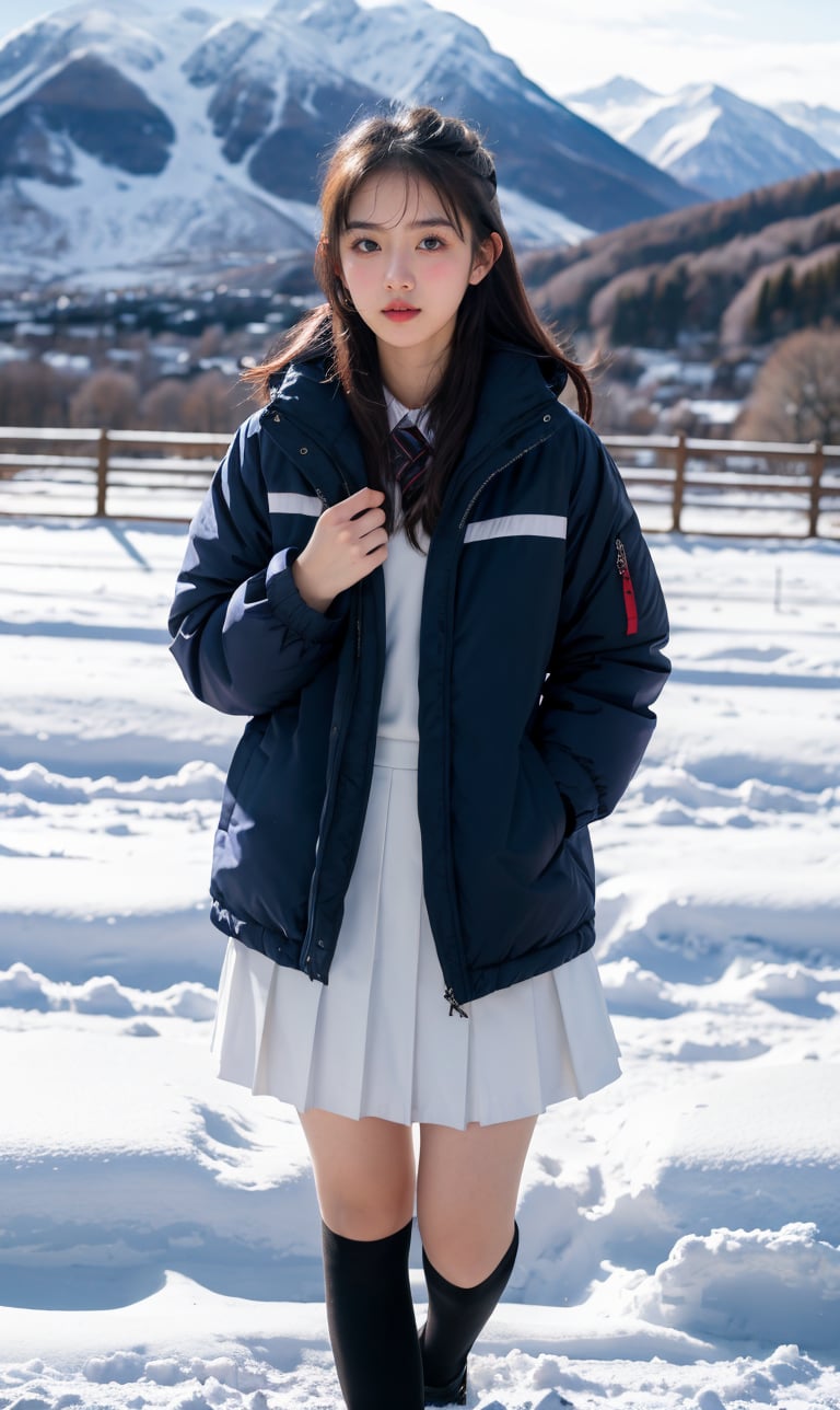 cute girl, winter jacket fashion, RAW photo, realistic, masterpiece, best quality, beautiful skin,
snowy mountains background, 50mm, medium full shot, ,goyoonjung, outdoor, photography,school uniform