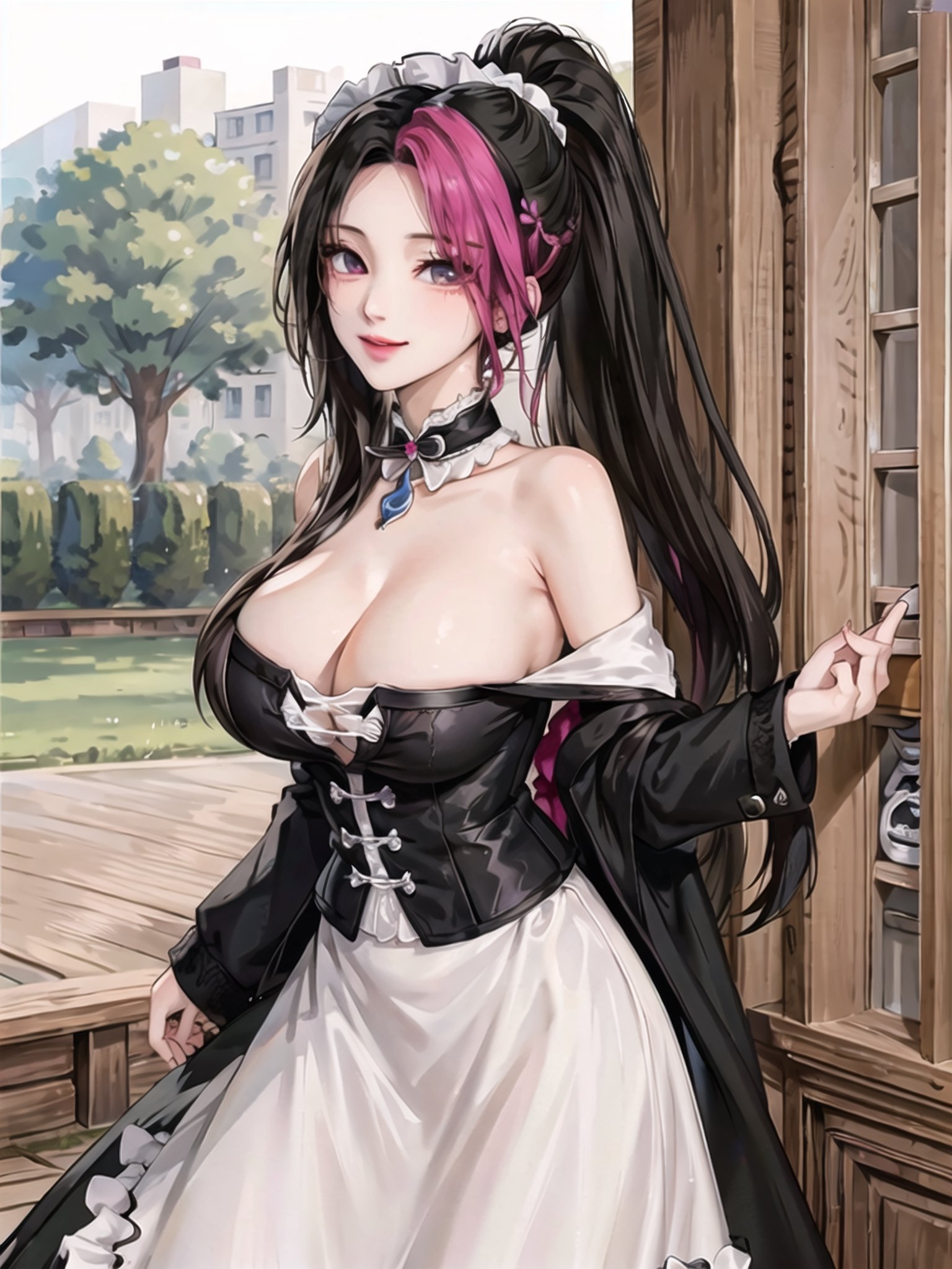 (narberal gamma), (masterpiece:1.3), (maid dress),(long skirt), 1girl, solo, eye focus, (1girl), (solo), cowboy_shot, beautiful detailed eyes, symmetric eyes, narrow eyes, (black eyes), expressive eyes, pretty eyelashes, glossy eyes, (black hair), (high ponytail), 1girl, evil smile , looking_at_viewer, (large breasts), cleavage, (park), scenery, trees, night,maid,phlg, black hair, pink highlight, no bra, 