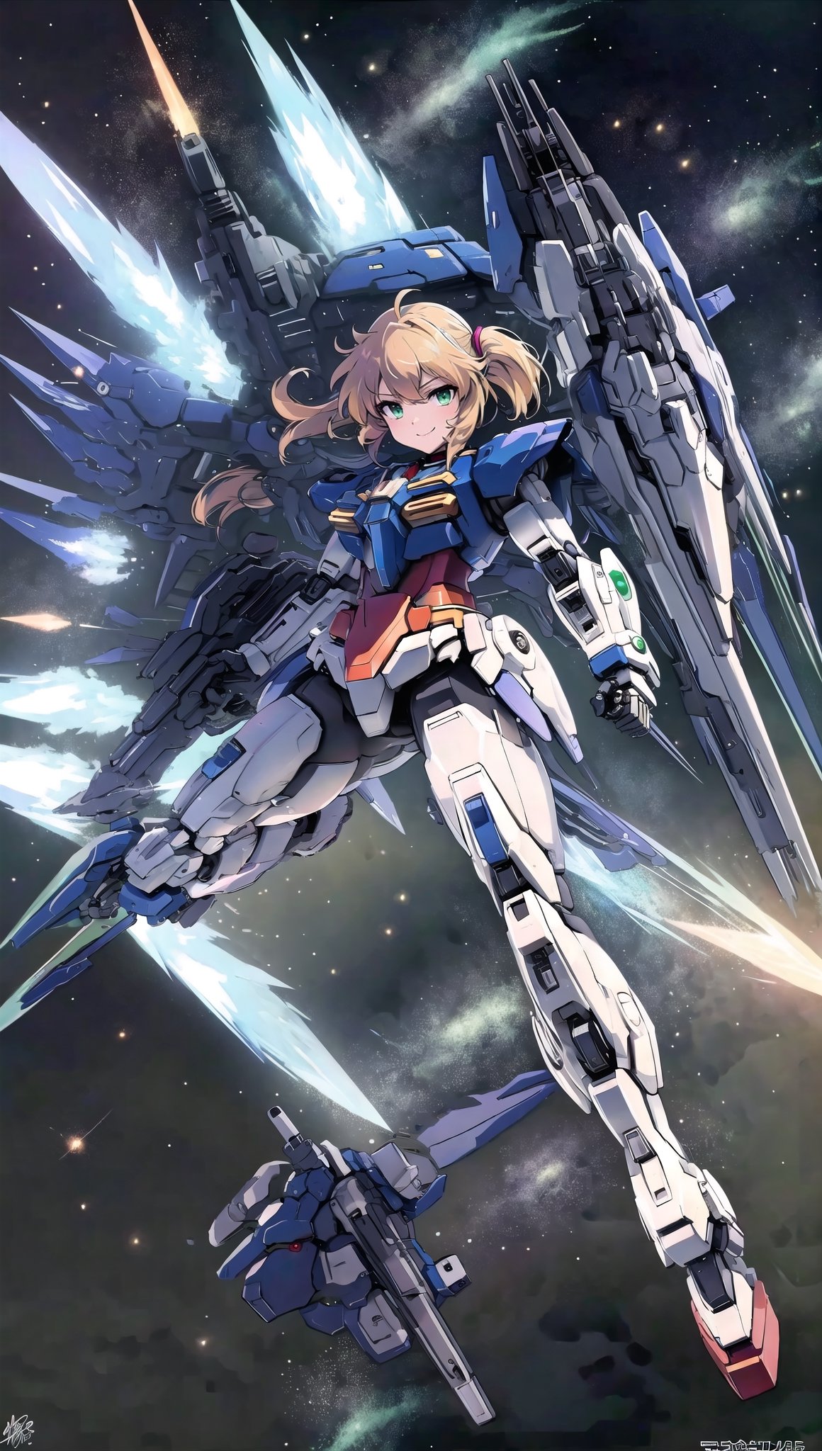 (masterpiece, best quality, ultra-detailed, 8K, ), high detail, seductive_pose, 

1girls,  fly,  floating on space,  floating_hair, smiling eyes, symmetry,mechanical,  golden mecha_musume, sexy, ,bg_imgs,

00_gundam, gundam, solo, holding, green eyes, weapon, signature, holding weapon, gun, no humans, robot, clenched hand, holding gun, mecha, science fiction, shield, v-fin, energy gun, mobile suit, beam rifle