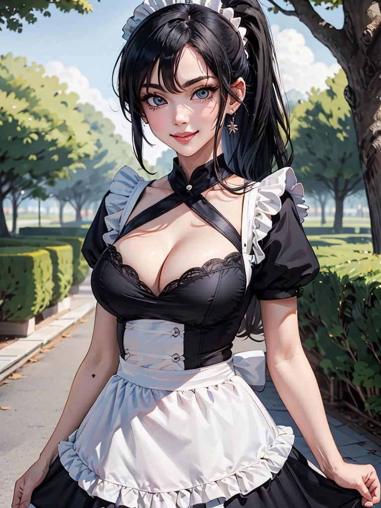 (narberal gamma), (masterpiece:1.3), (maid dress),(long skirt), 1girl, solo, eye focus, (1girl), (solo), cowboy_shot, beautiful detailed eyes, symmetric eyes, narrow eyes, (black eyes), expressive eyes, pretty eyelashes, glossy eyes, (black hair), (high ponytail), 1girl, evil smile , looking_at_viewer, (large breasts), cleavage, (park), scenery, trees night,maid,maid_dress