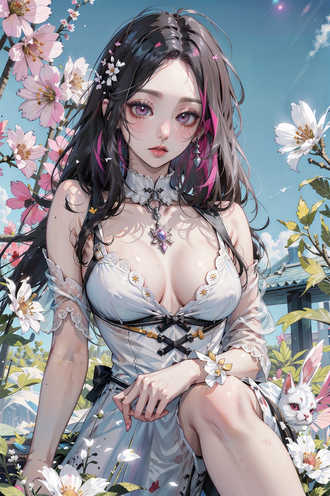 (masterpiece, best quality, highres:1.3), ultra resolution image, (1girl), (solo), kawaii, white hair, long hair, white dress, wonderland, bunny, sunlight, flowers, colorful, hold white flowers, dreamy,High detailed ,mxmai,mitsuri(demon slayer),1girl,phlg, black hair, pink highlight, no bra, ,no_bra