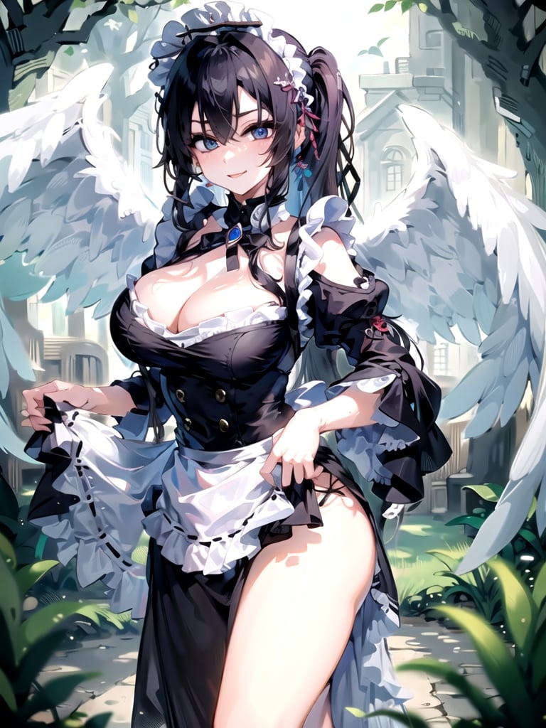 (narberal gamma), (masterpiece:1.3), (maid dress),(long skirt), 1girl, solo, eye focus, (1girl), (solo), cowboy_shot, beautiful detailed eyes, symmetric eyes, narrow eyes, (black eyes), expressive eyes, pretty eyelashes, glossy eyes, (black hair), (high ponytail), 1girl, evil smile , looking_at_viewer, (large breasts), cleavage, (park), scenery, trees night,maid,maid_dress,angel_wings