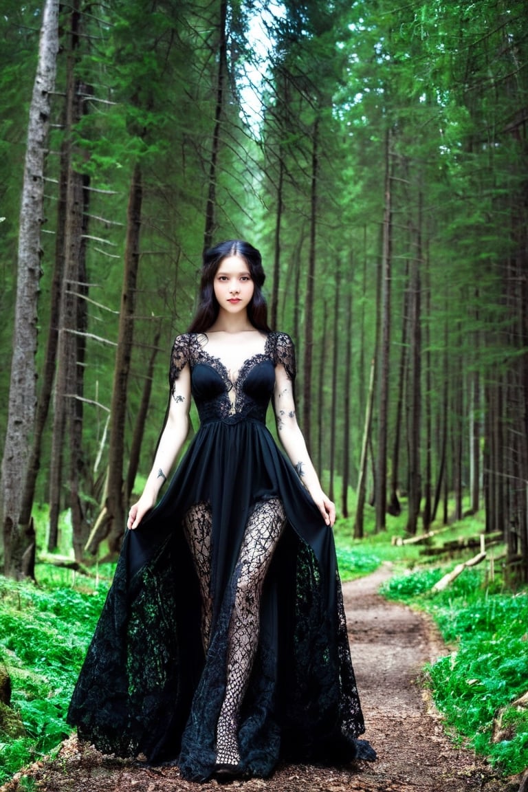 1girl, solo, detailed skin texture,pure skin, full_body,  detail, forest, long black dress,  lace
