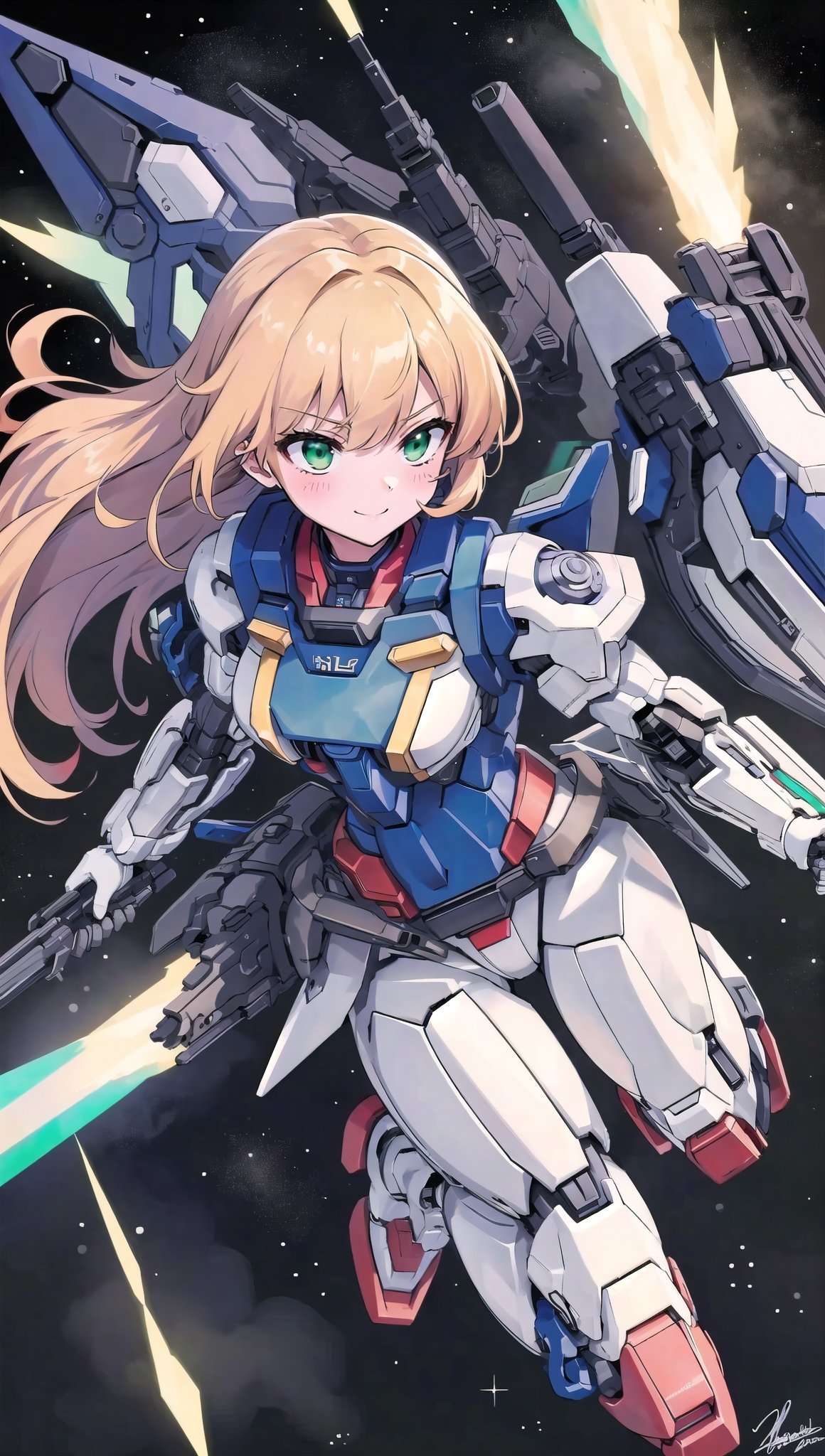 (masterpiece, best quality, ultra-detailed, 8K, ), high detail, seductive_pose, 

1girls,  fly,  floating on space,  floating_hair, smiling eyes, symmetry,mechanical,  golden mecha_musume, sexy, ,bg_imgs,

00_gundam, gundam, solo, holding, green eyes, weapon, signature, holding weapon, gun, no humans, robot, clenched hand, holding gun, mecha, science fiction, shield, v-fin, energy gun, mobile suit, beam rifle