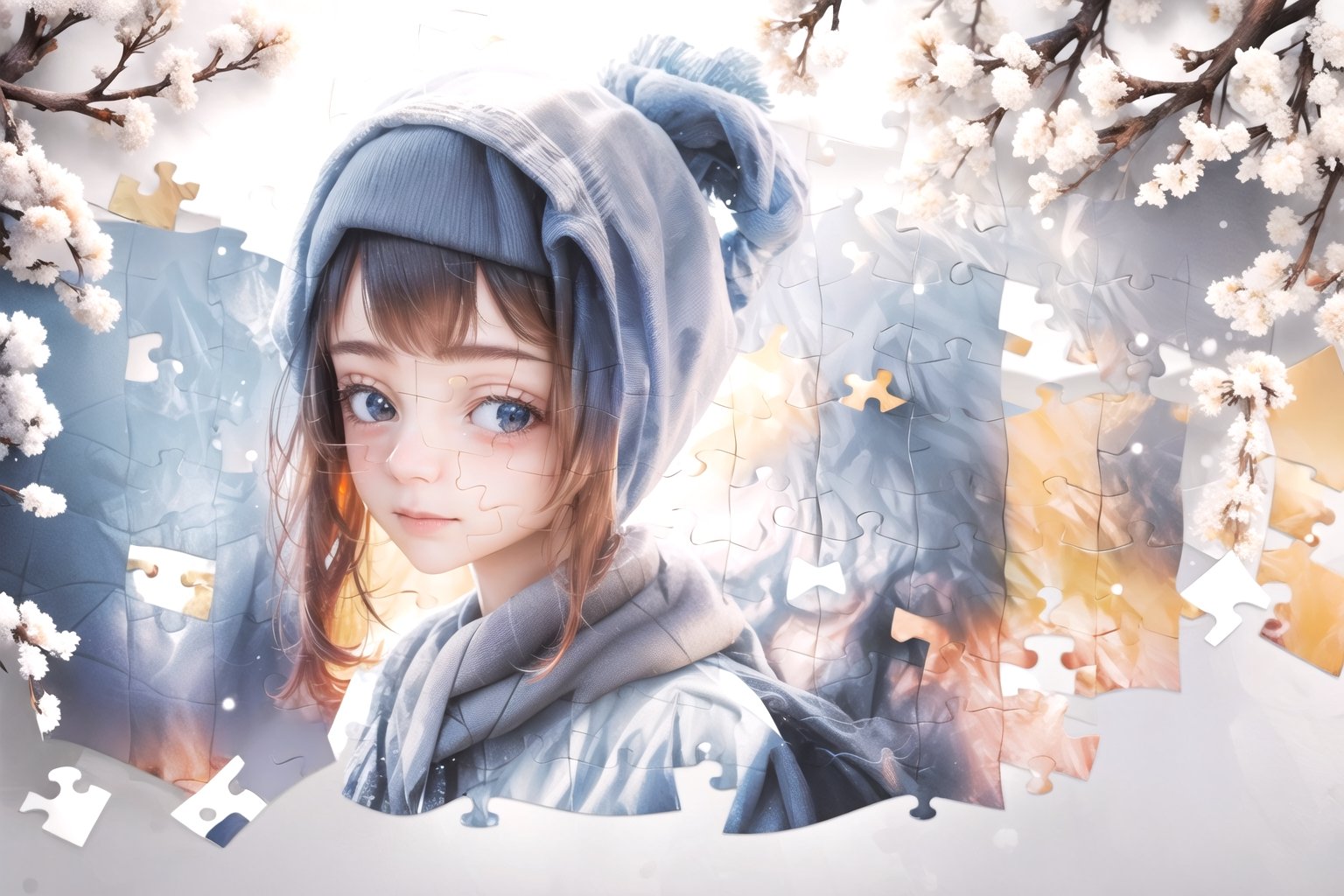 1girl,  in the puzzle,  Embrace the winter spirit! Your workflow must include elements inspired by the beauty of snowflakes: 1.4,bg_imgs,, ,puzzle_style