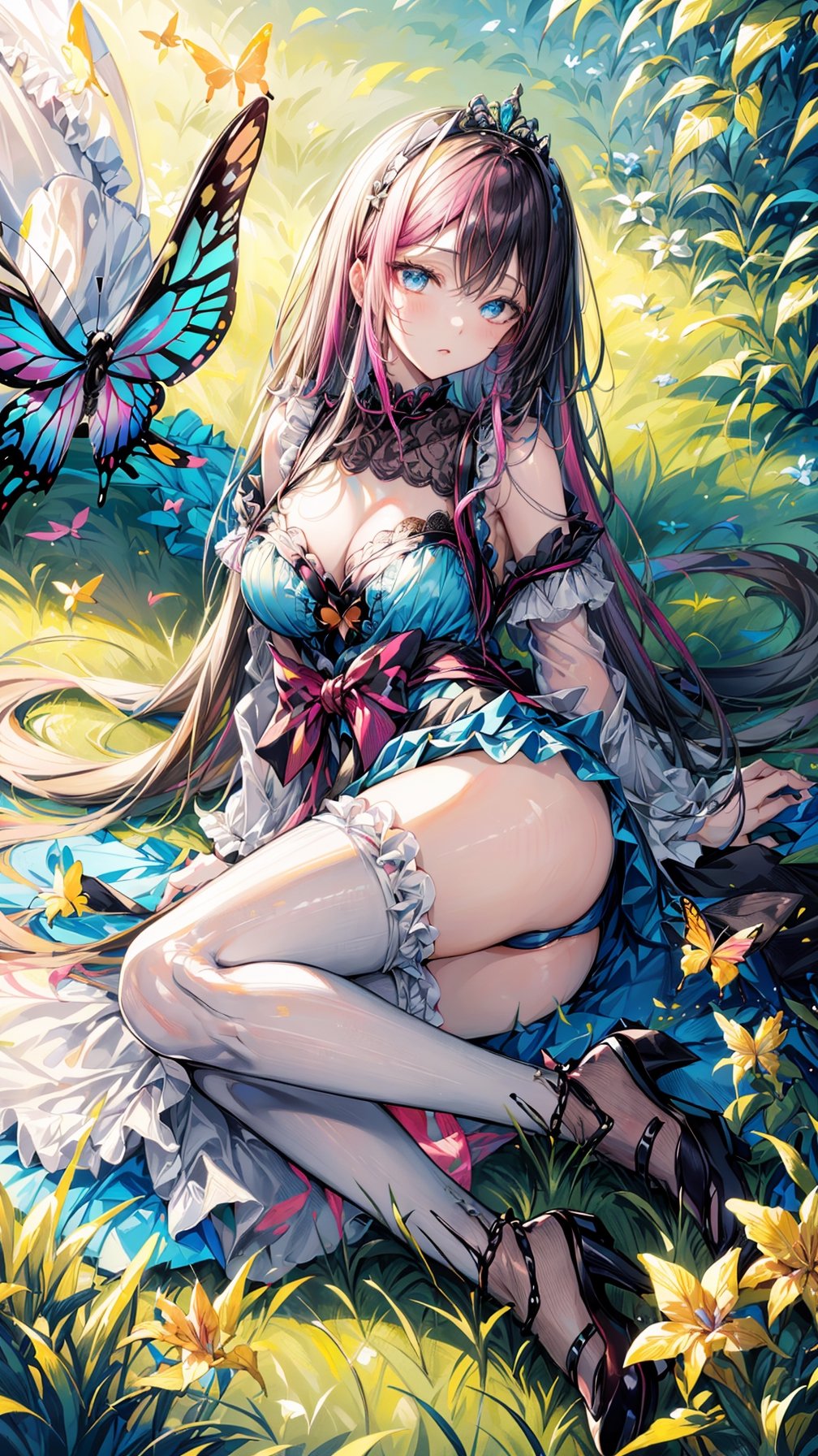 (best quality, masterpiece, illustration, designer, lighting), (extremely detailed CG 8k wallpaper unit), (detailed and expressive eyes), detailed particles, beautiful lighting, a cute girl, long blonde hair, wearing a teddy bear tiara, donning a beautiful blue and white dress with ruffles and lace, sheer pink stockings, transparent aquamarine crystal shoes, bows around her waist (Alice in Wonderland), butterflies around, (Pixiv anime style),(manga style),background, garden, colored flowers,butterflies, flowers, flowers covering her, (aerial view), grass, leaning on flowers, lying down,  looking to viewer, flower background,road of flowers,drow,phlg, black hair, pink highlight, no bra, 