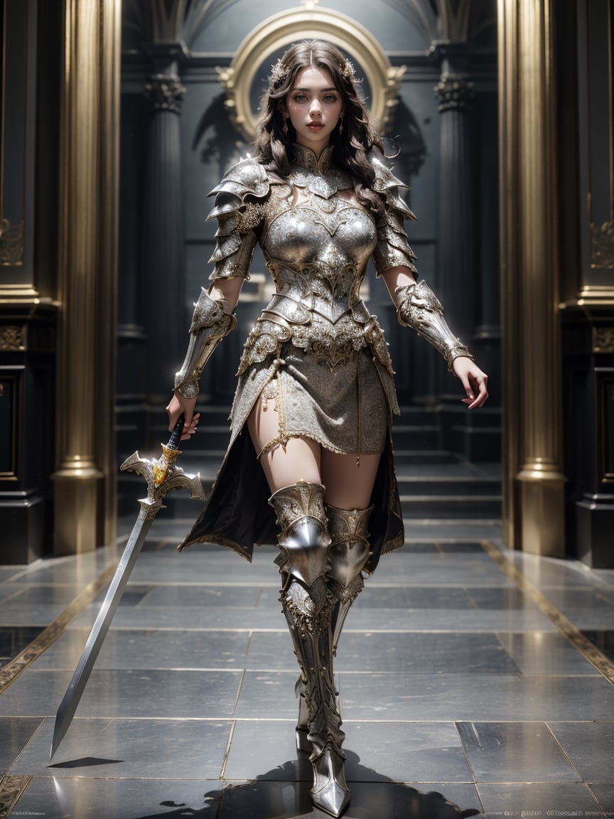 realistic, ((1 young and beautiful girl:1.2)), absurdres, (8k, best quality, masterpiece:1.2), professional photograph, dramatic light, (finely detailed face:1.2), female knight wearing a full suit of filigree silver armor, holding a shield (family crest, intricate design) in one hand, holding sword of gold in other hand, full body shot, castle interior background,crystalline_style