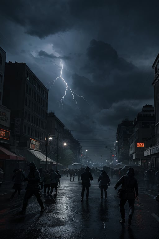 A dramatic night shot of a cityscape as strong storm clouds gather, with flashes of intense lightning illuminating the dark sky. People scramble for cover on rain-soaked streets, their faces etched with fear and dread as thunder booms through the air.