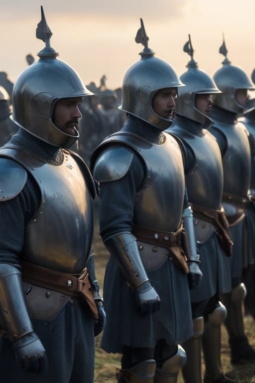 Capture a high-definition image of a group of Spanish European soldiers from the 1400s clad in medieval armor, their porcelain-pale skin illuminated by the soft, golden light of a cloudy afternoon. The soldiers stand at attention, their polished steel helmets and articulated suits of armor glinting in the hazy sunlight. A subtle gradient of gray-blue mist swirls around them, evoking the mystical atmosphere of a forgotten era.