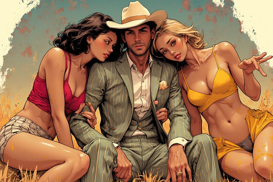 A man dressed in a striped suit and wearing a white hat is surrounded by 3 women. 1 women is leaning on him, one is sitting on his lap, and another is kneeling at his feet. Colored Comic Book style, masterpiece 