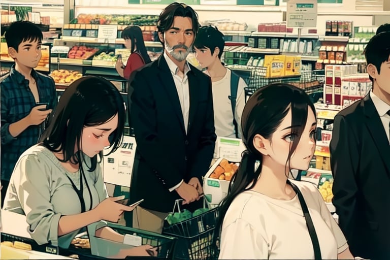 A bustling supermarket with stocked shelves. One person with beard holds a shopping basket. Well-lit space with visible products.