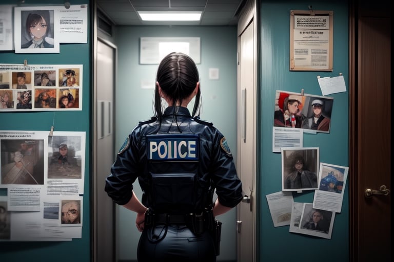 a wanted poster posted  on the wall of the police station. A female police officer is standing by wall, looking at that wanted poster 