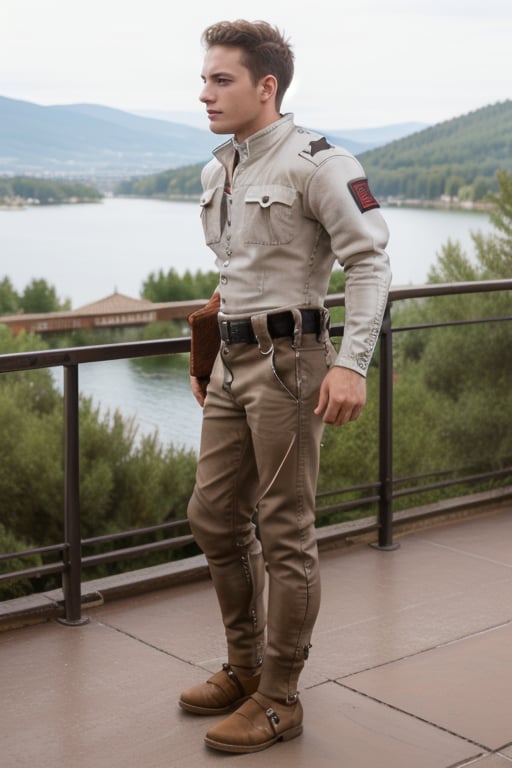 High definition and super realistic photography, A dynamic full body shot of a handsome young man facing front, slim, fair skin, short hair, big eyes, oval face, he is wearing medieval clothes, his clothes reveal his slender figure and flat stomach, and he is wearing light brown fine linen trousers, in the background he is on a balcony looking at a large lake with mountains in the distance. Realistic skin, best quality, intricate detail, high resolution, full shot photography, full body, head to toe photography, medieval clothes