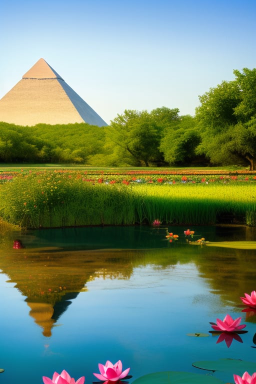 A serene landscape: A majestic lotus flower gently floats amidst a tapestry of vibrant water lilies, its delicate petals swaying softly in the breeze. The tranquil pond stretches out before us, reflecting the grandeur of ancient pyramids rising majestically into the sky, their weathered surfaces glistening with an air of mystique.