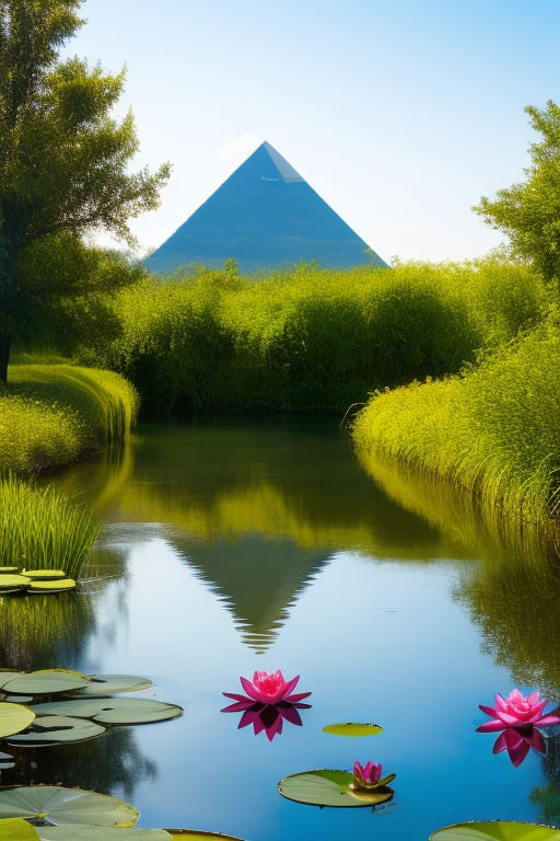 A serene landscape: A majestic lotus flower gently floats amidst a tapestry of vibrant water lilies, its delicate petals swaying softly in the breeze. The tranquil pond stretches out before us, reflecting the grandeur of ancient pyramids rising majestically into the sky, their weathered surfaces glistening with an air of mystique.