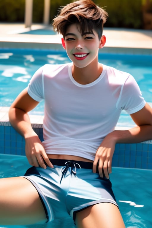 Androgynous young man, happy in a pool with small shorts that fit his slender figure