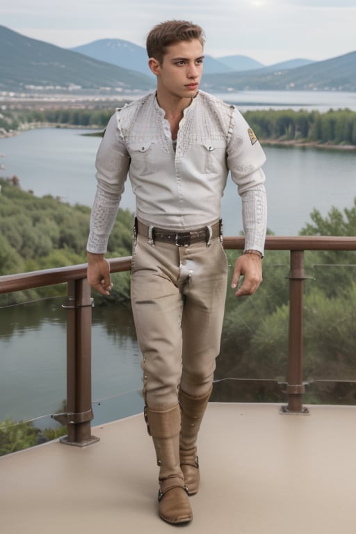 High definition and super realistic photography, A dynamic full body shot of a handsome young man facing front, slim, fair skin, short hair, big eyes, oval face, he is wearing medieval clothes, his clothes reveal his slender figure and flat stomach, and he is wearing light brown fine linen trousers, in the background he is on a balcony looking at a large lake with mountains in the distance. Realistic skin, best quality, intricate detail, high resolution, full shot photography, full body, head to toe photography,