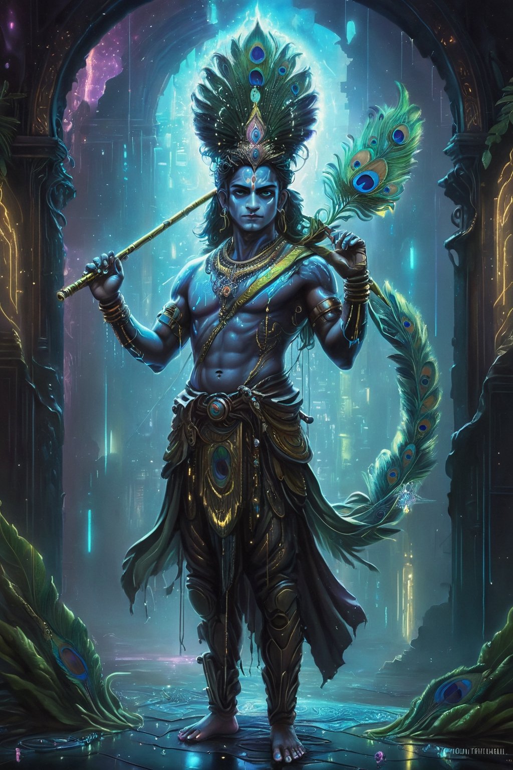 A detailed,  hyper-realistic painting of Lord Krishna in the future. He is standing in a neon-lit cyberpunk temple,  in th...