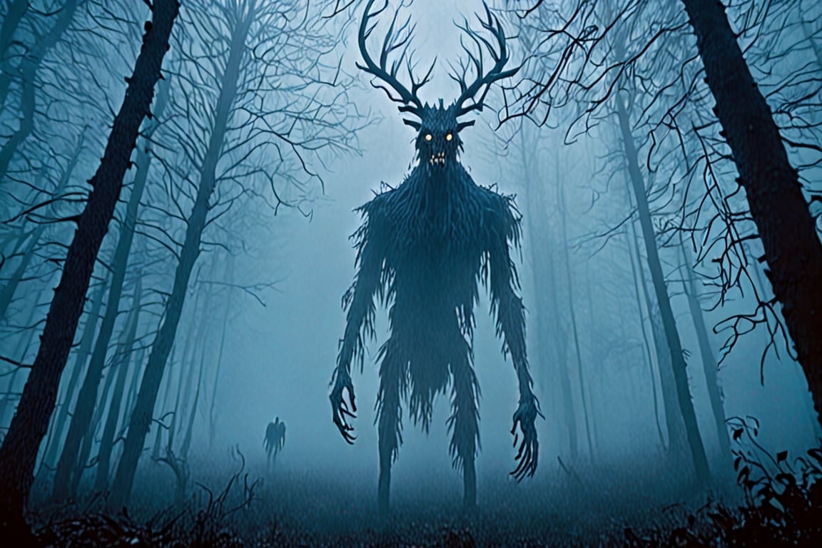 high definition, crisp quality, horror, dark, surreal, Weird, Wendigo, humanoid, extremely foggy, misty, cloudy_sky, night, trees around,monster, moving between the trees, creepy, Graphic novel,