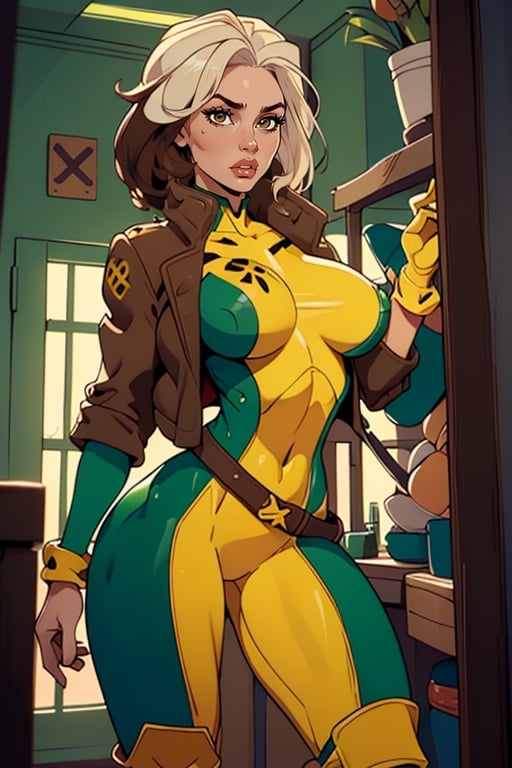 Masterpiece, Best Quality, perfect breasts, perfect face, perfect composition, UHD, 4k, ((1girl)), Rogue, (((green and yellow bodysuit))), in the dangerroom, busty woman, great legs, thick thighs, brown and white hair, ((natural breasts)), (((brown eyes))), CARTOON_X_MENs_Rogue, two-tone hair, jacket