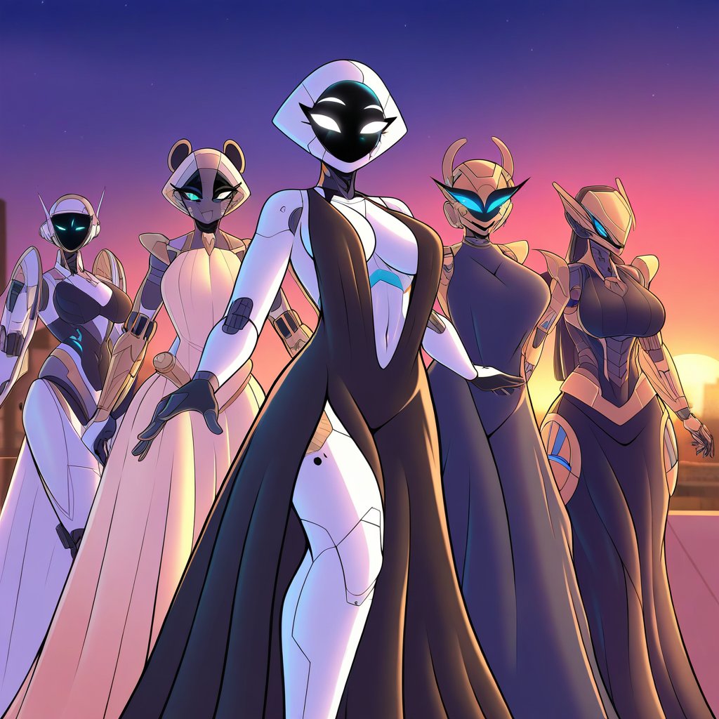 A vibrant scene of a woman dancing gracefully with several sleek,  futuristic robots in a whimsical cookie town,  where bu...